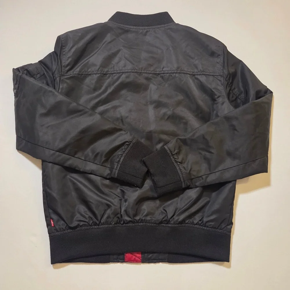 Levis Mens Black Bomber Jacket Flight MA-1 Style Red Lining Small